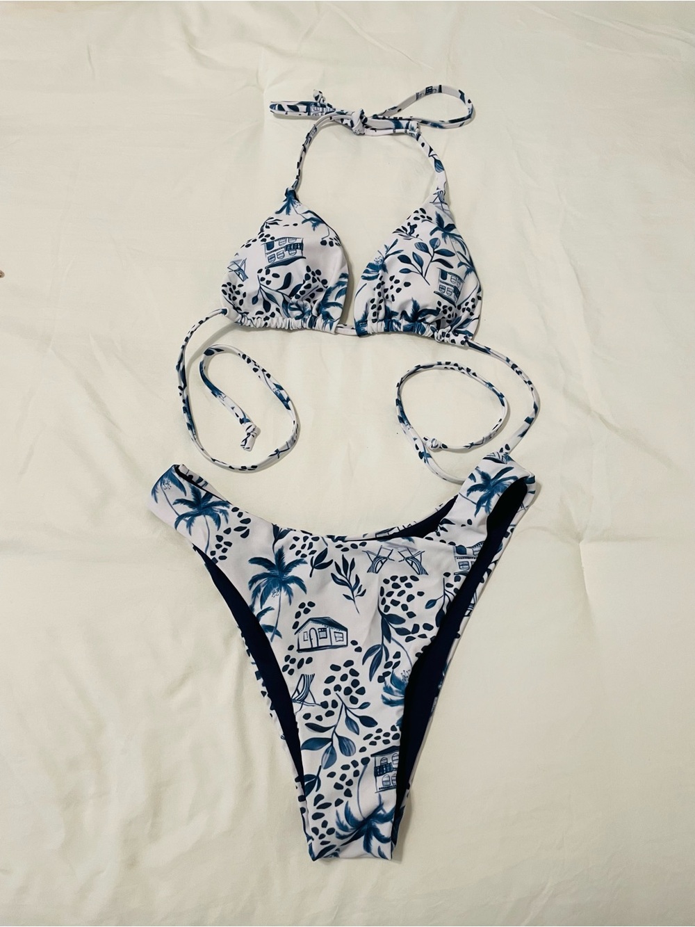 White & Blue Tropical Print Triangle Bikini Set
